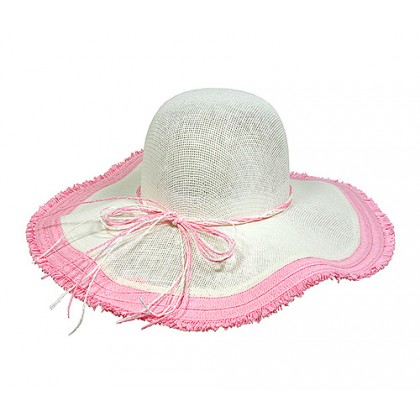 Straw Big Rim Hats – 12 PCS  Paper Straw w/ Fringe Trim - Pink - HT-ST299PK